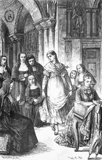 Nuns in traditional traditional costume watching a dance inside a convent, young woman showing