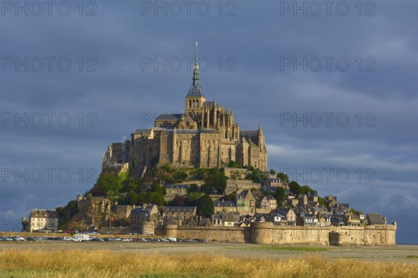 Picturesque view of Mont Saint-Michel on an island with medieval architecture, summer, Le