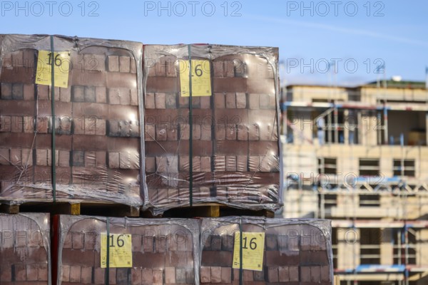 Bedburg, North Rhine-Westphalia, Germany, building material, clinker bricks packed on pallets,