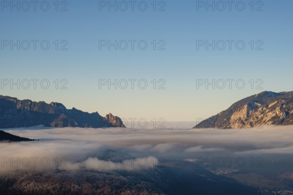 High fog cover over the valley, above Lattengebirge and Untersberg, Berchtesgaden Alps,