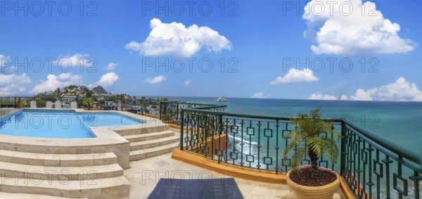 Aerial view of Mazatlan sea promenade, El Malecon, with ocean tourist beaches and scenic landscapes