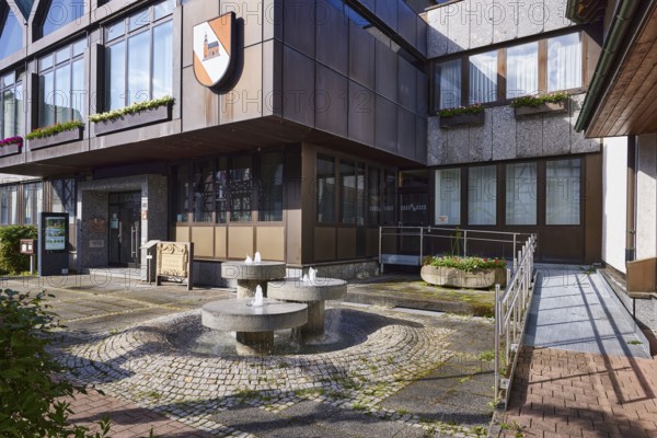 Kappelrodeck municipal administration, town coat of arms, entrance area, ramp with stainless steel