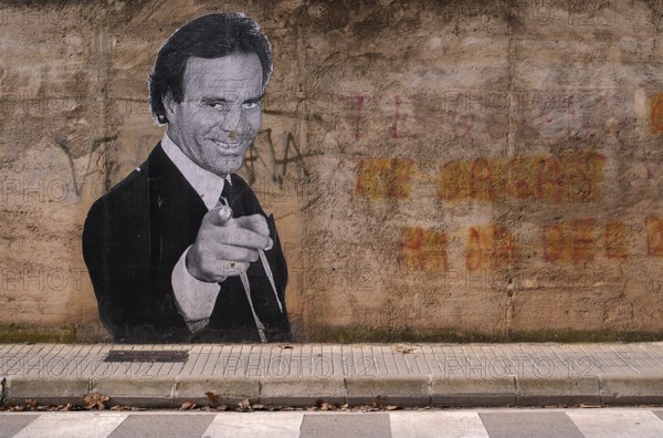 Graffiti, picture, mural, painting by Julio Iglesias de la Cueva on a stone wall, frequent star