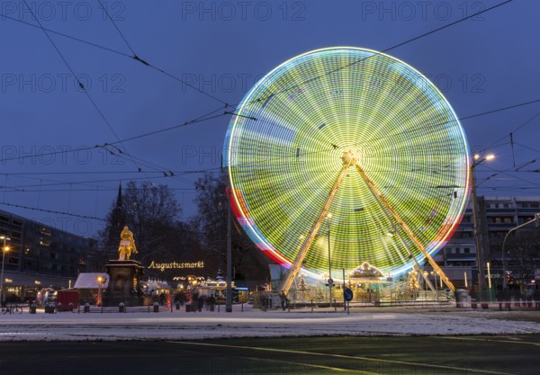 Illuminated Ferris wheel at the Golden Horseman during the Blue Hour, Augustusmarkt on the main