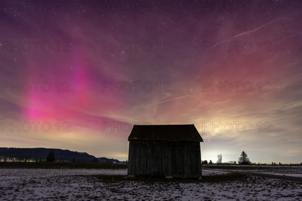 Northern Lights, Aurora borealis, violet, pink, red, hut, stars, Loisach-Lake Kochel-Moor,