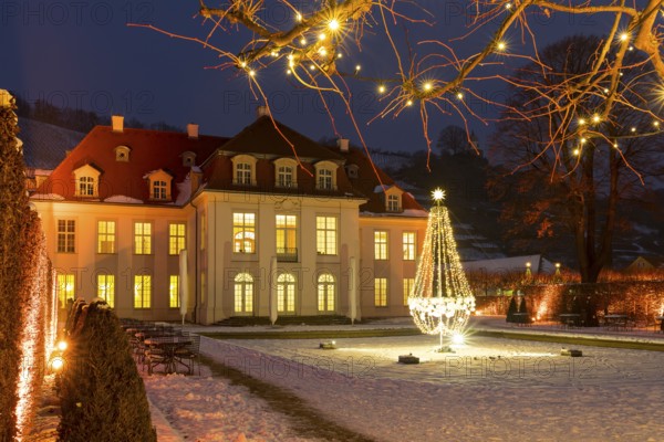 Wackerbarth's winter magic, castle and vineyards with Christmas lights and snow, Radebeul, Saxony,