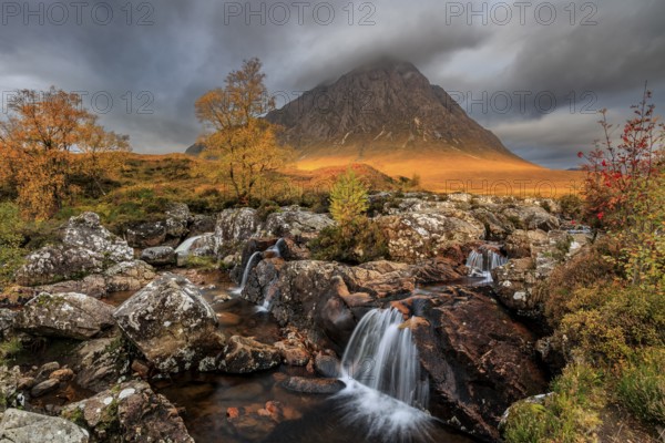 Waterfall, wild river, cloudy mood, morning light, autumn colours, autumn, mountains, Buachaille
