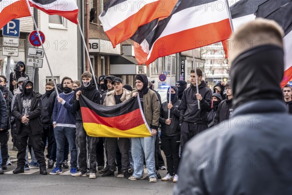 The neo-Nazi group Jung und Stark, JS, demonstrates in the city centre of Essen, demanding the