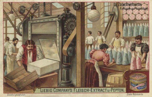 Picture series The sugar factory, refining and packaging, Liebig picture, digitally restored