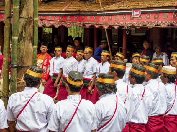 Men in traditional festive dress, funeral ceremony, Tana Toraja, Sulawesi, Indonesia, Asia