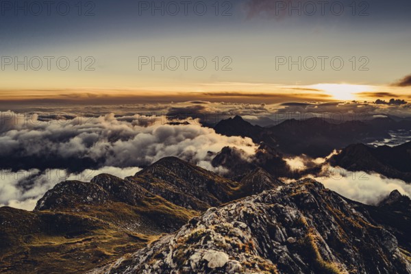 Sunrise hike on the Hochplatte in the Ammergau Alps, Ammergebirge in the Allgäu, Bavaria, Germany,