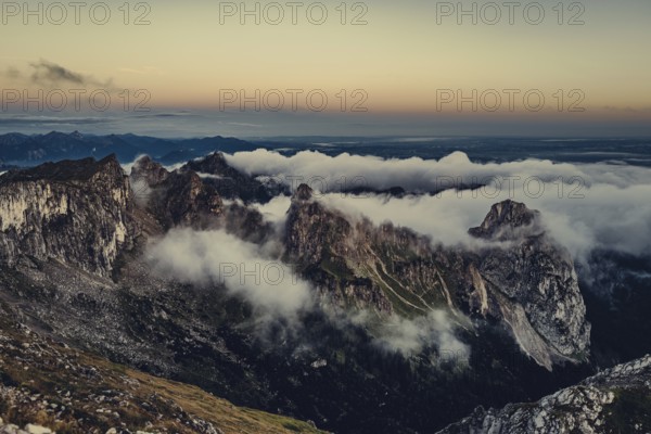 Sunrise hike on the Hochplatte in the Ammergau Alps, Ammergebirge in the Allgäu, Bavaria, Germany,