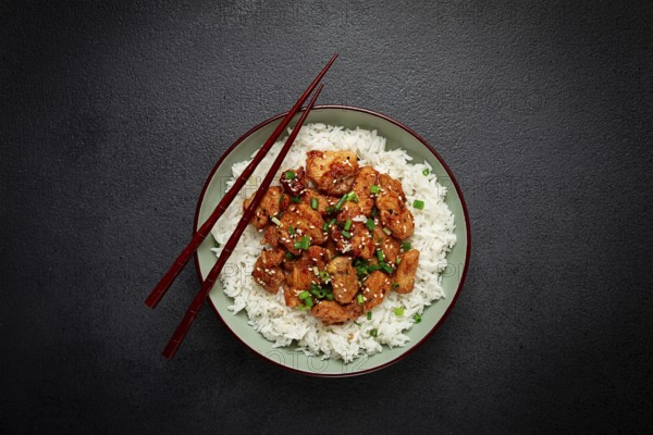 Fried chicken teriyaki with rice, green onion and sesame, homemade, no people