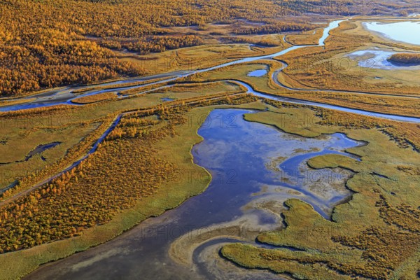 Lake, river, river delta, autumn colours, autumn, mountains, sunny, aerial view, Rapadalen,