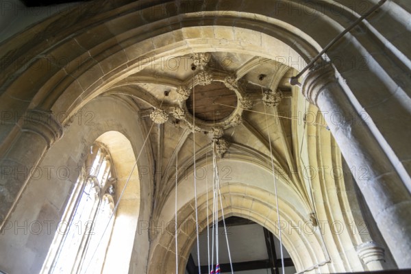 Bellringing ropes in bell tower of parish church of Saint Andrew, Ogbourne St Andrew, Wiltshire,
