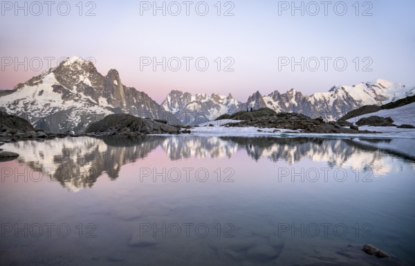 Evening mood, mountain landscape at sunset, water reflection in Lac Blanc, mountain peak, Aiguille