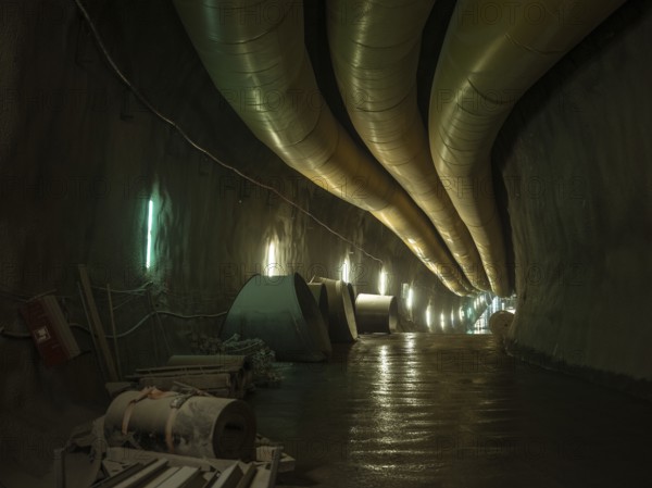 Ventilation hoses in construction lot H41 in the Sill Gorge, Brenner Base Tunnel, Tyrol, Austria,
