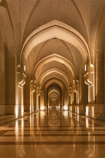 Illuminated arcades at the Sultan's Palace, Muscat, Arabian Peninsula, Sultanate of Oman
