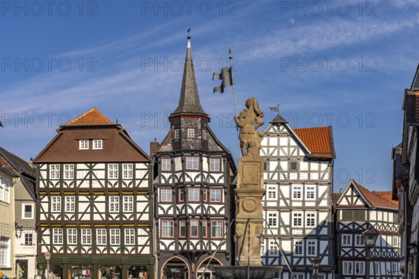 Half-timbered houses, St Michael's merchants' guild house and Rolandsbrunnen fountain on the market