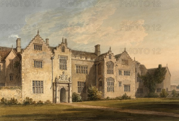 North-east view of Harlaxton Manor House, Lincolnshire, England, digitally restored reproduction of