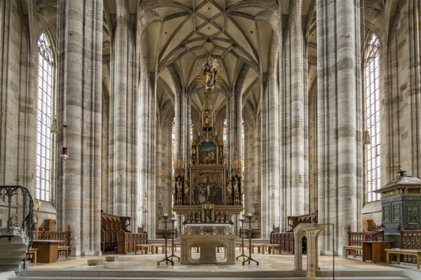 Interior and altar of the Catholic parish church of St George, Dinkelsbühl, Middle Franconia,