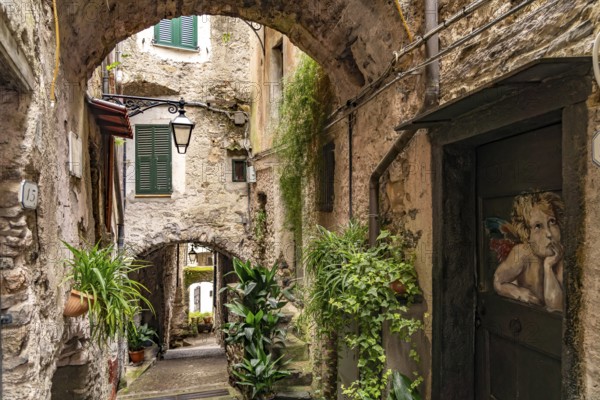 Narrow alleyways in the medieval village of Rocchetta Nervina in Val Nervia, Liguria, Italy, Europe
