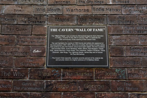 The Cavern Wall of Fame, Cavern Club, Mathew Street, city centre of Liverpool, Merseyside, England,