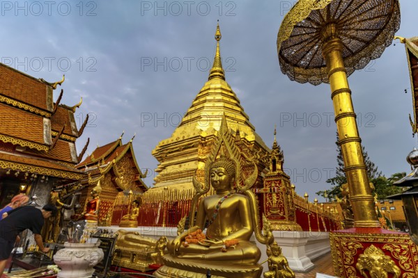 Golden Chedi of the Buddhist temple complex Wat Phra That Doi Suthep, landmark of Chiang Mai,