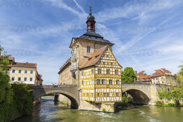 Old Town Hall in the Regnitz and Upper Bridge, Bamberg, Bavaria, Germany, Europe