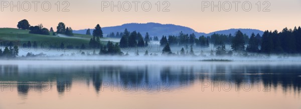 Morning fog at sunrise at Bannwaldsee near Füssen, Allgäu, Bavaria, Germany, Europe