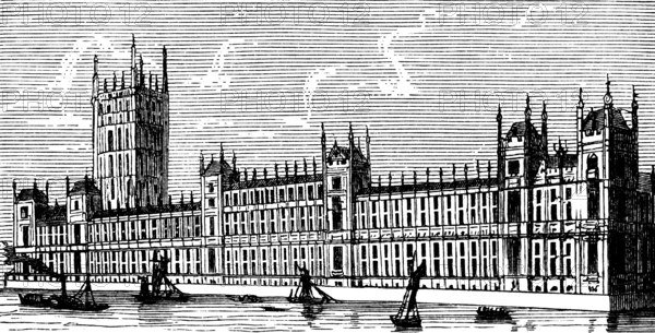 Houses of Parliament, parliament building in the capital London on the Thames, boats, steamboat,