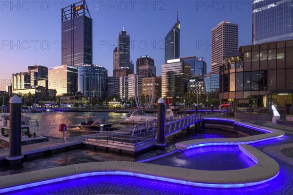 Skyline at Elisabeth Quay, blue hour, blue hour, harbour, Perth, State of Western Australia,