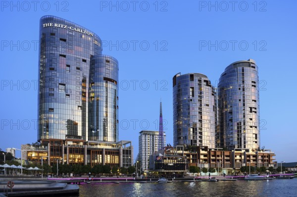 Skyline at Elisabeth Quay, blue hour, blue hour, harbour, Perth, State of Western Australia,