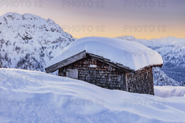 Hut, sunrise snow tour on the Tegelberg in the Allgäu in Bavaria. Winter Wonder Land, Germany,