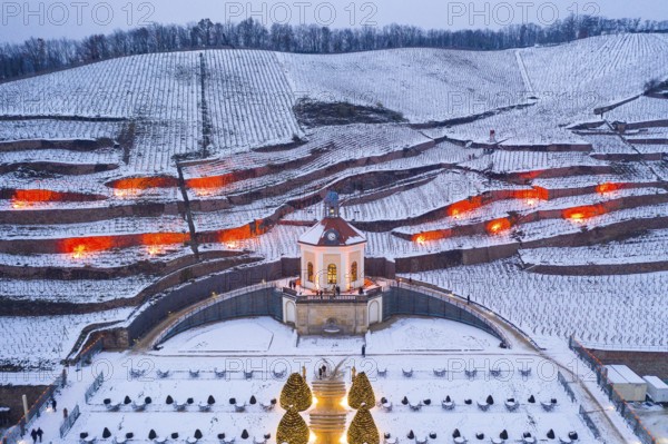 Aerial view of the Belvedere in Wackerbarth Castle Park with vineyards under snow and Christmas