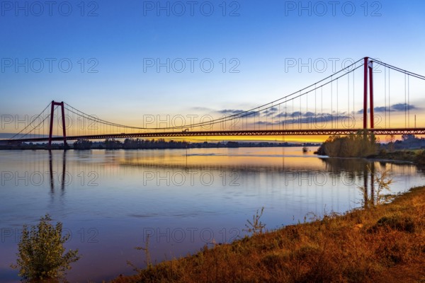 The Emmerich Rhine Bridge, federal road B220, evening light, at 803 m the longest suspension bridge