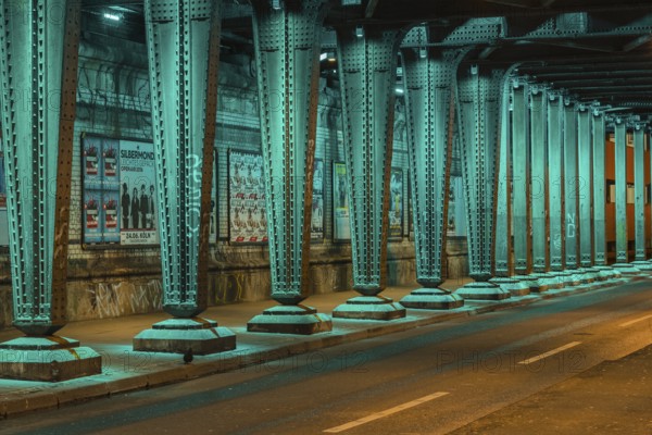 Green illuminated railway underpass, Hansaring, Cologne, North Rhine-Westphalia, Germany, Europe