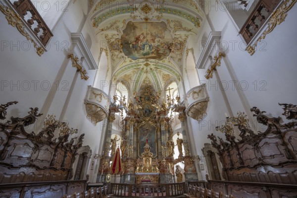 Choir room with basilica insignia of the Maria Brünnlein pilgrimage basilica in rococo style built
