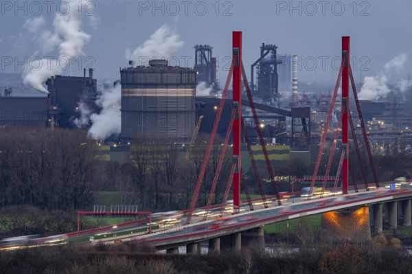 Thyssenkrupp Steel steelworks, blast furnaces 8 and 9, gasometer, motorway bridge of the A42 over