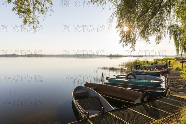 Rowing boats moored at the old lido of the Quitzdorf dam, Upper Lusatia, Saxony, Germany, Europe
