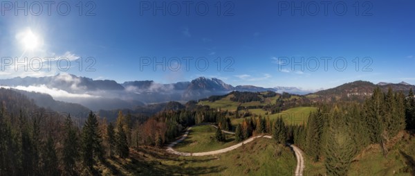 Drone shot, view from the Moosegg high plateau to the Hoher Göll, Golling, Osterhorn group,