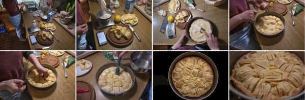 Baking an apple pie with mobile phone instructions, Bavaria, Germany, Europe