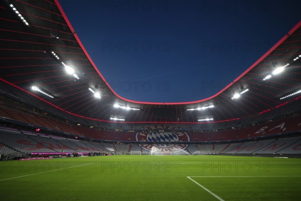 Stadium, empty, interior, illuminated, blue hour, Allianz Arena, Munich, Bavaria, Germany, Europe