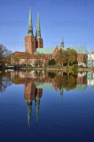 Mill pond with Lübeck Cathedral, symmetrical reflections on the water surface, Hanseatic city of