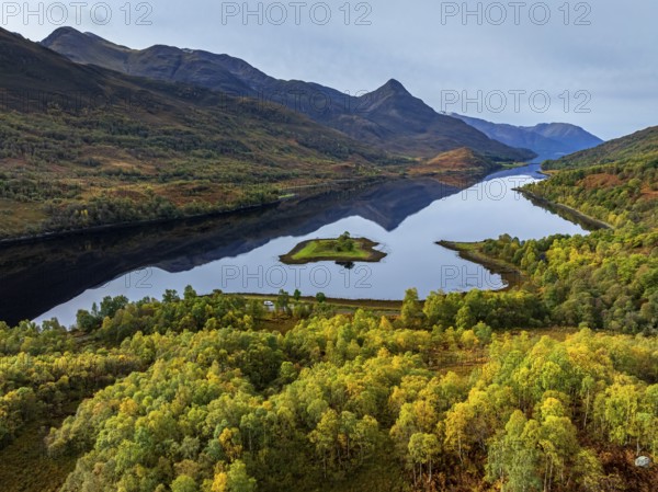Fjord, coast, mountain landscape, reflection, island, autumn, autumn colours, aerial view, Loch