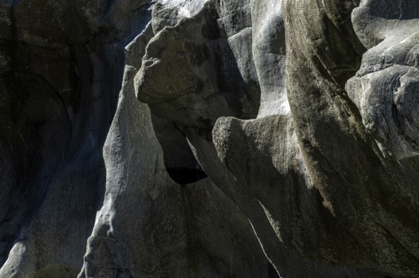 Rocks, granite rock structures in the Maggia River near Ponte Brolla, in the Maggia Valley, Valle