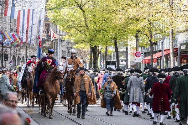 Parade of historically costumed guildsmen, Sechseläuten or Sächsilüüte, Zurich Spring Festival,
