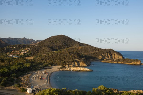 Sandy beach beach and blue sea, sunset, Spiaggia di Su Portu, Torre di Chia, Chia, south coast,
