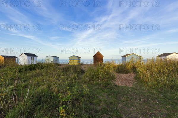 Colourful beach huts on a shingle beach, Cirrus, Kingsdown Beach, English Channel, Dover, Kent,