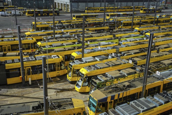 Essen, North Rhine-Westphalia, Germany, Trams at Ruhrbahn depot, Verdi and EVG warning strike,